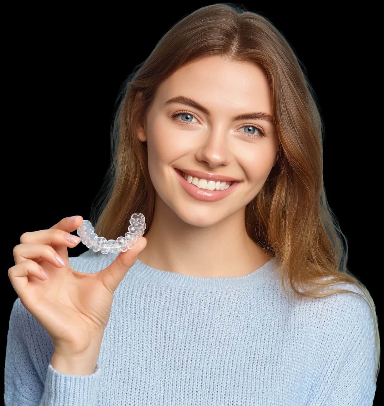 Smiling patient holding a clear aligner